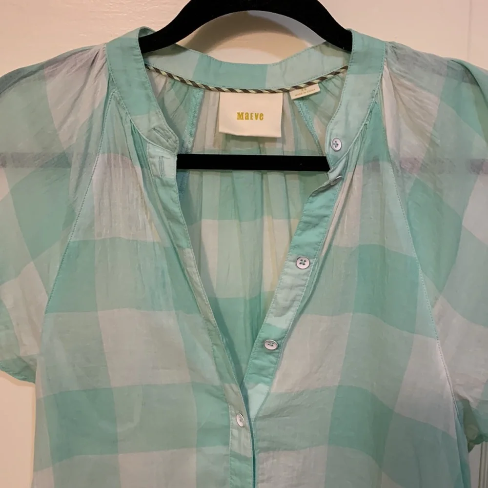 Anthropologie Maeve Short Sleeve Gingham Flutter Top in Mint Sz XS - Picture 3 of 9